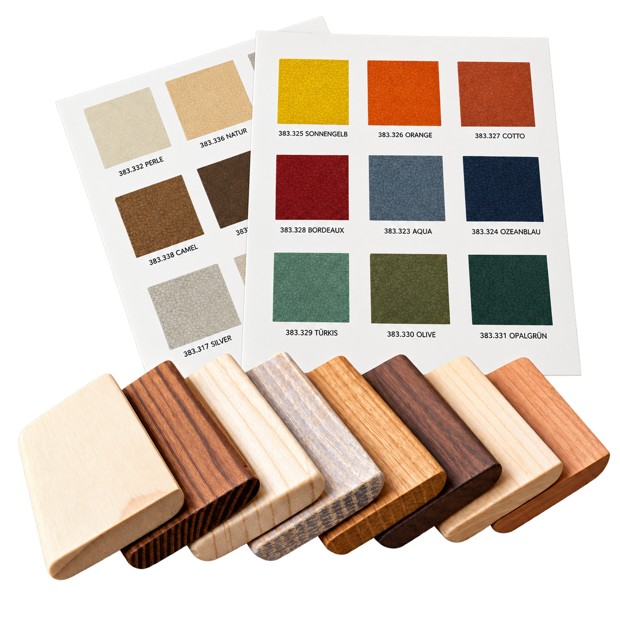 Kostenlose Holz- und Stoffmuster von Hamminger – Holzarten, Mikrofaser, Kunstleder und Outdoor-Stoffe